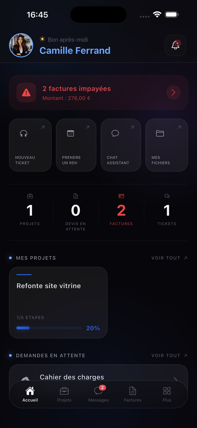 Écran d'accueil de l'app PCM Agency