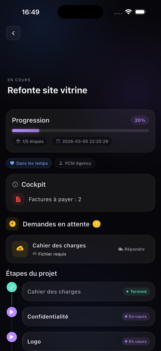Suivi d'un projet dans l'app PCM Agency