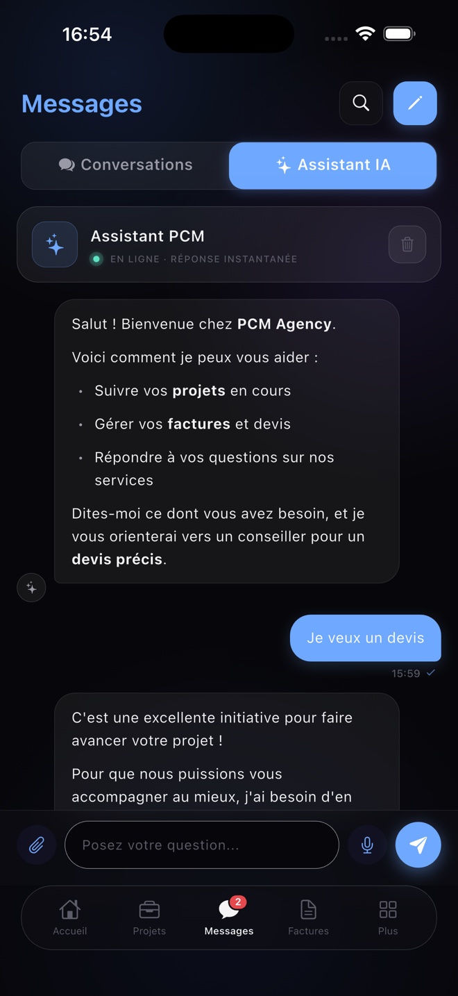 Messagerie et assistant IA de l'app PCM Agency