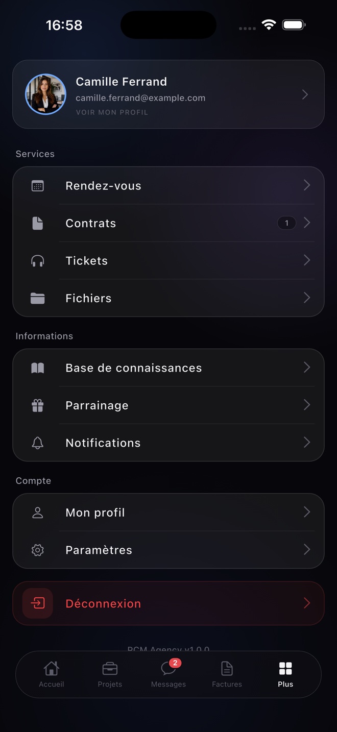 Menu des services de l'app PCM Agency