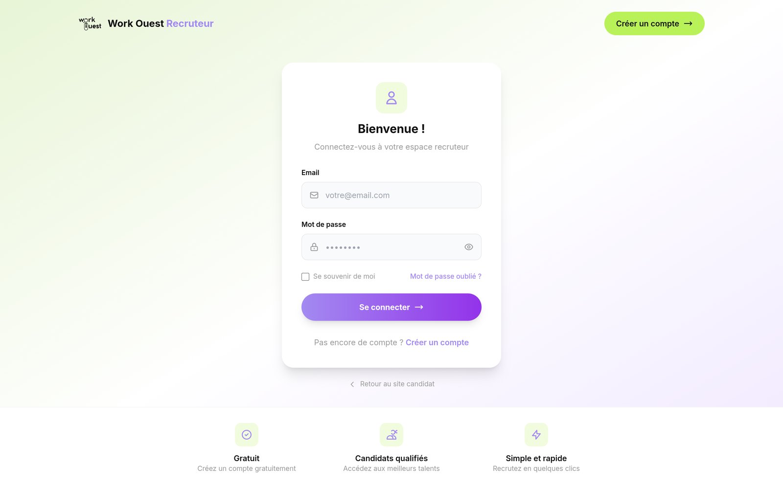 La page de l'espace recruteur